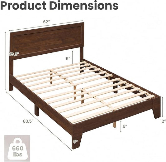 Giantex Queen Size Wooden Bed Frame with Headboard, Wood Slat Support | Modern Platform Bed with Heavy Duty Mattress Foundation, Under-Bed Storage, No Box Spring Needed, Easy Assembly (Walnut)