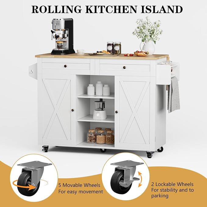 HLR Kitchen Island On Wheels, Rolling Kitchen Island Cart with Drop Leaf Countertop, Barn Door Kitchen Islands Table with Storage Cabinet and Tower Rack, Island Table for Kitchen