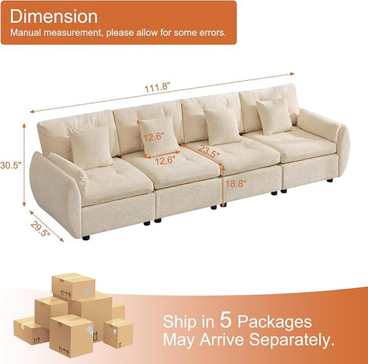 112" Oversized Modular Cloud Sofa, Deep Seat Tufted Chenille 4-Seater Sectional Couch with Curved Arms, Comfy Sofas for Living Room, Beige
