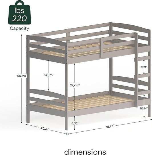 From the Tree Furniture Twin Over Twin Bunk Bed for Kids — Solid Pine Wood with Full-Length Safety Rails & Hang-On Ladder — 220 lbs Per Bunk · ASTM F1427 + 16 CFR 1213 Certified — Space-Saving Design