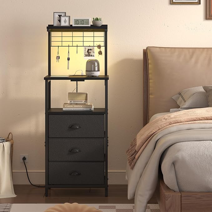 sthmec Bedside Tables Tall Nightstands with Charging Station, LED Bedside Table for Bedroom - 3 PU Fabric Drawers, Hooks, Black