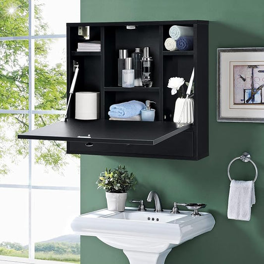 COSTWAY Wall-Mounted Computer Desk, Floating Desk with Storage Drawer & Shelves, Fold-up Desktop & Pneumatic Springs, Ideal for Home, Office, Dormitory, Small Spaces (Black)
