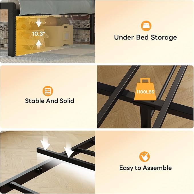 LIKIMIO Twin Bed Frame with Storage Headboard & LED Lights, Metal Platform Bed with Charging Station, Noise Free, No Box Spring Needed, Under Bed Storage, Natural and Cream