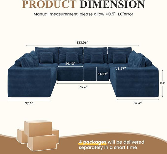 Modern U Shaped Modular Sectional Sofa, Convertible Oversized Cloud Couches for Living Room, Comfy 8 Seater Corduroy Boneless Couch Sofa Set, No Assembly Required, Beige 1 PCS