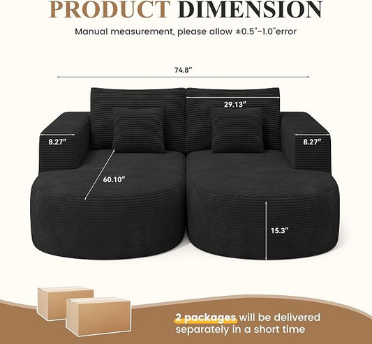 Modular Sectional Sofa Bed,Convertible Cloud Couches for Living Room,2 Chaise Corduroy Boneless Couch Sleeper Sofa Set,Oversized Chaise Lounge Chair for Bedroom,No Assembly Required,Black 1PCS