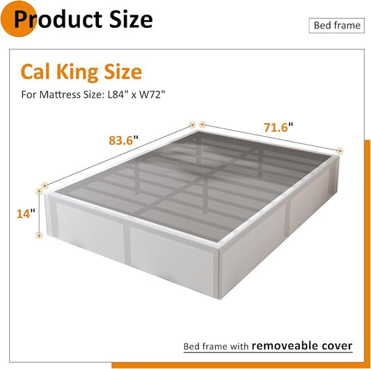 Maenizi Cal King Bed Frame with White Fabric Cover, 14 Inch Heavy Duty Metal Platform Support Up to 3000 lbs with Steel Slats, No Box Spring Needed, Easy Assembly, Noise Free, Black