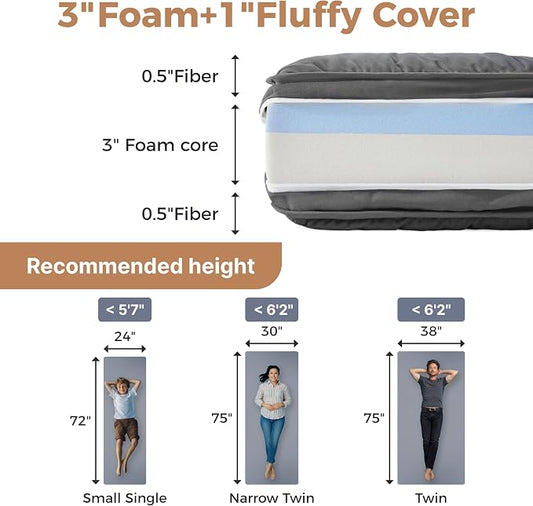 Jamdok 4Inch Narrow Twin Floor Mattress,3-Layer Structure Cot Mattress Topper,Gel Memory Foam,Removable Thickened Cover,Portable Roll Up Sleep Pad(75X30X4“)