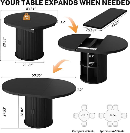 Vipbear Extendable Dining Table 43-59" for 4-6 People, Solid Wood Top with Fluted Slide Door & 8-Compartment Storage, Space Saving Round Dining Room Kitchen Dinner Tables with Pedestal Base (Black)