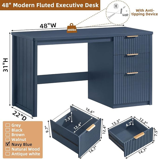 LEYAOYAO Office Desk 48" with 3 Drawers Storage File Cabinet Wood Fluted Desk for Computer Office Bedroom Home Furniture Blue