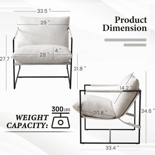 Furnilivng Large Sling Accent Chairs Set of 2, Comfortable Boucle Fabric Arm Chair, Upholstered Cozy Reading Chair for Living Room, Bedroom, Dressing Room, Home Office, White