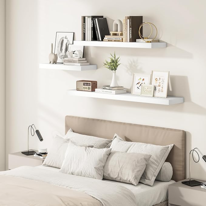 Vivelove White Floating Shelves Over Toilet, 24/36/48/55 Inch X 12 Deep Shelves for Room Wall Mounted, 2" Thick Floating Shelf for Living Room Bedroom Bathroom Kitchen Laundry Room, Set of 2
