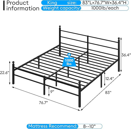 King Size Bed Frame with Headboard - Metal Platform Bed with LED Lights, Charging Station, Under Bed Storage and Heavy Duty Steel Slats Support - No Box Spring Needed, Easy Assembly, Black