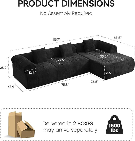 119'' Curved Boneless Sofa Couch, 3 Seat Cloud L Shaped Deep Seat Couches for Living Room, No Assembly Modular Sofa with Right Chaise Lounge, Black