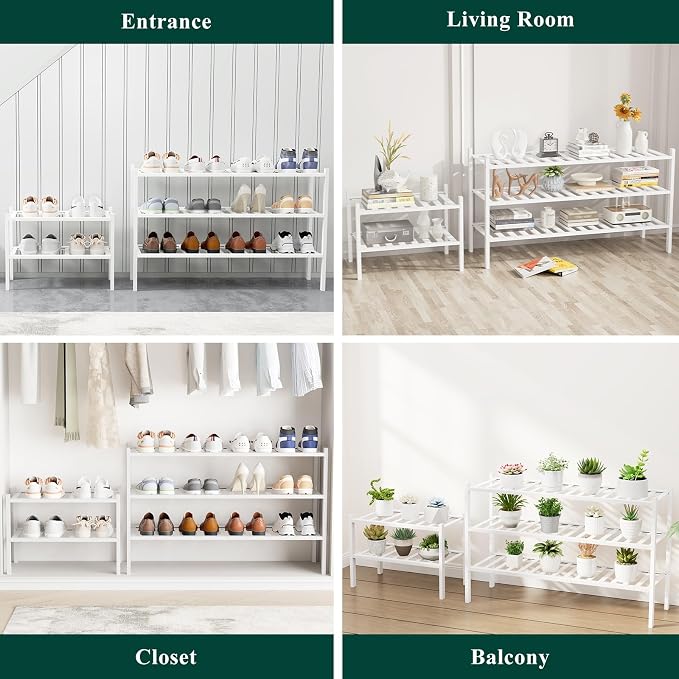 Smiry Long Bamboo Shoe Rack, 2 Tier Free Standing Wooden Shoe Organizer, Stackable Wood Shoe Storage Shelf for Closet, Entryway, 12 Vertical Slats, One-piece Standard Legs, 33.7"x11"x13", White