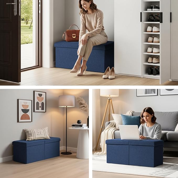30-INCH Storage Ottoman Bench, Footrest with Storage, End of Bed Bench Coffee Table for Living Room, Bedroom, Entryway, Dark Blue