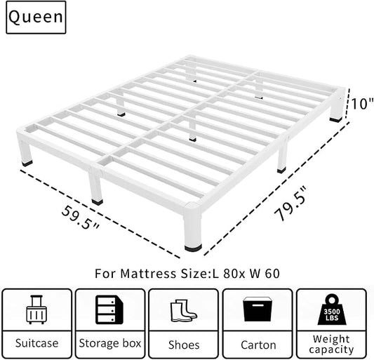 ROIL 10 Inch White Queen Bed Frame with Rounded Corner and Mattress Retainers, 3500LBS Heavy Duty Steel Slats No Box Spring Needed Platform Noise-Free Easy Assembly