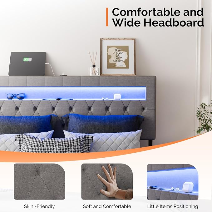 VINGLI Queen Floating Bed Frame with Headboard Heavy Duty Metal Frame, Storage Shelf, LED Lights Charging Station, Modern Platform Bed, Adjustable Headboard, No Box Spring Needed, Grey