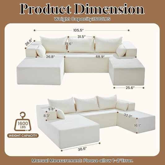 106" Cloud Sectional Boneless Couches for Living Room, Modular U Shaped Couch with Deep Seat, Removable Ottoman, Memory Foam Compressed Spineless 4 Seater Sofa for Bedroom Apartment, Beige