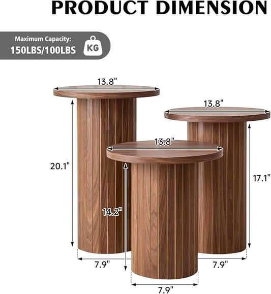Round Side Tables Set of 3, Circle Modern Fluted Nesting Coffee Table, Accent End Table Set for Living Room and Bedroom, Brown