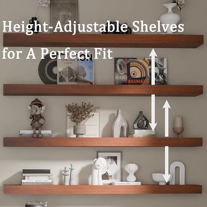 Floating Shelves for Wall, 48 Inch Extra Long Brown Wall Shelves, Set of 4, Hanging Invisible Brackets Floating Shelves for Living Room,Bedroom,and Kitchen