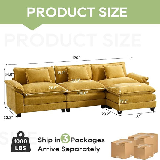 Oprisen 120" Modular Sectional Sofa, Comfy Cloud Couch Sectional Sofa with Ottoman, Chenille Sofa Sleeper Deep Seat Sofa with Throw Pillows for Living Room (Yellow, 120"- L Shape)