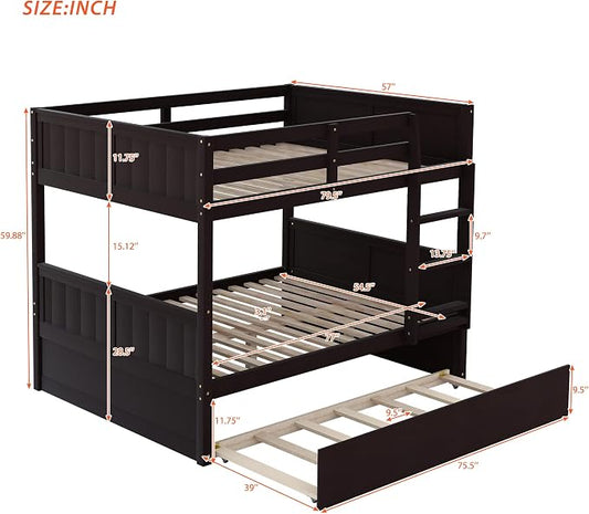 Merax Trundle Bunk Bed, Full Over Full Wood Bunk Bed with Twin Size Trundle, Guardrail and Ladder, Can be Separated into 2 Beds, Espresso