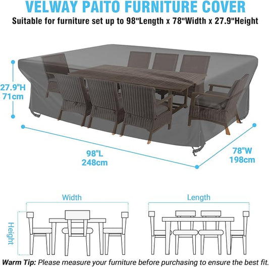 Velway Patio Furniture Cover Outdoor, Waterproof Rectangular Patio Table Chair Set Cover, 98"Lx78"Wx28"H, All Weather Oxford Tear-Resistant Sectional Sofa Set Covers with Windproof Design, Black