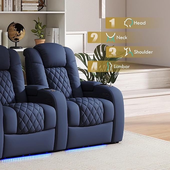 Weilianda Home Theater Seating Top Grain Leather Zero Gravity Recliner Chair Power Headrest Recline Movie Seat Gaming 7 Colors Mood Light Sofa with Tray Table USB Charge Row of 4 Loveseat Right Blue