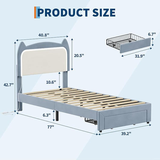Garvee Twin Upholstered LED Bed Frame with Storage Drawer & Cute Cat Headboard, Velvet Princess Platform Bed Frame with Sturdy Wood Slats Support for Girls/Kids, No Box Spring Needed, Blue