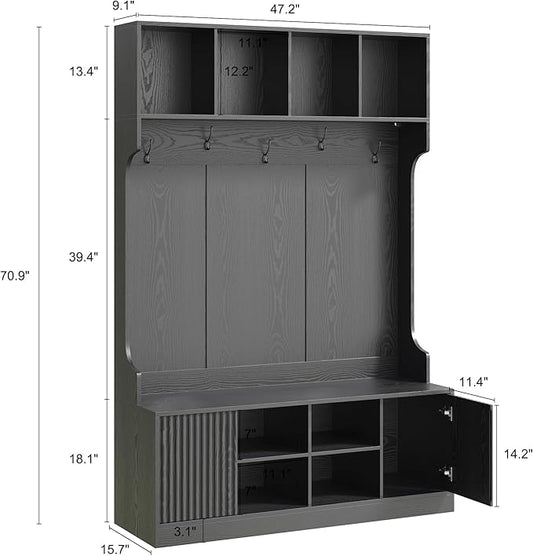 Hall Tree with Bench and Shoe Storage, 5-in-1 Entryway Coat Rack with LED Sensor Light, Hooks and Storage Cubes, Shoe Cabinet with Fluted Door, Modern Hall Tree for Entryway, Living Room