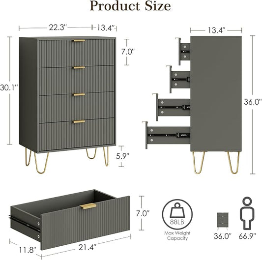 Masupu 4 Drawer Dresser, Drawer Chest, Tall Storage Dresser Chest Cabinet Organizer Unit with Gold Metal Legs, Nightstand for Bedroom, Living Room, Closet, Hallway Gray Stripe
