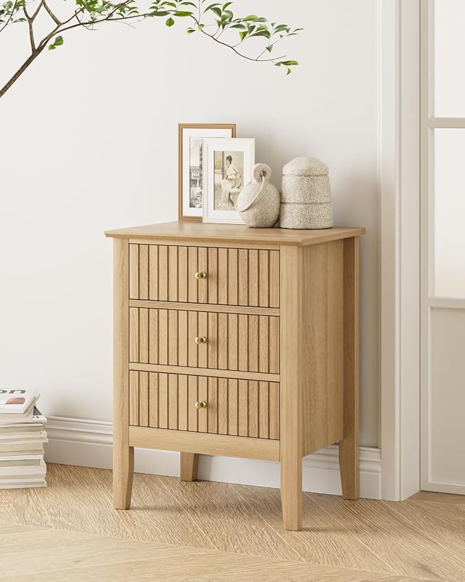 Fluted Nightstand, Vintage Night Stand with 3 Drawers, Mid Century Modern Side Accent Table,Bedside End Table for Bedroom, Living Room, Natural