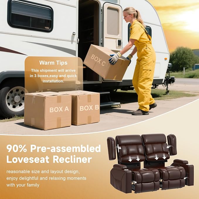 Loveseat Recliner Sofa, Wall Hugger RV Reclining Loveseat RV Couch with USB Ports, Large Pockets, Cup Holders, 150° Adjustable RV Recliners Furniture for Travel Trailers & Home Theater Seating