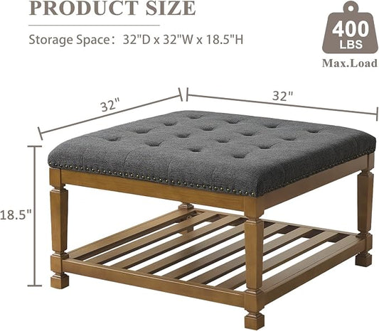 Befurtori Large Square Ottoman Coffee Table, Linen Solid Upholstered Footrest Ottoman with Solid Wood Shelf Storage Tufted Coffee Table for Bedroom Living Room-Dark Gray