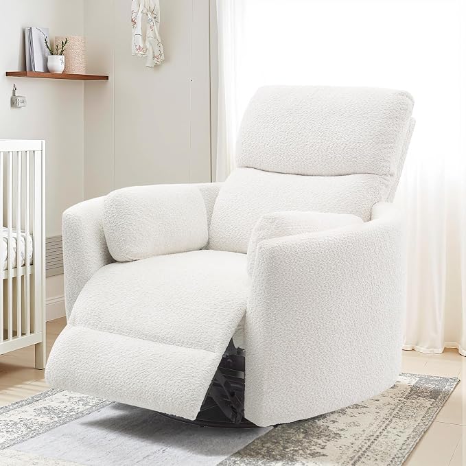 Jocisland Power Recliner Nursery Chair for Adults, Electric Swivel Rocking Glider with USB & Type-C Charge, Teddy Sherpa Armchair with 2 Pillows, Cozy Reclining Sofa for Living Room, Bedroom, White