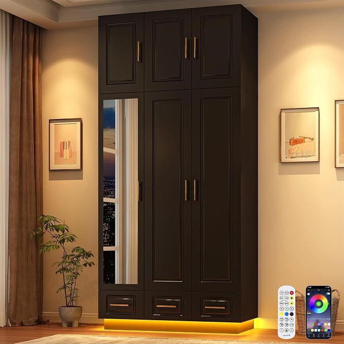 Hlivelood Large Armoire Wardrobe Closet Cabinet with Drawers and LED Lights, Multi-Tier Shelves, Hanging Rod, Large Capacity Storage 3 Door Wardrobe Armoire with Top Cabinet for Bedroom, Black