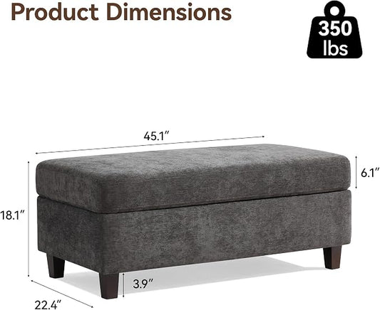 45 Inch Large Storage Ottoman Bench with Wooden Tray Coffee Table, Dark Grey Chenille Upholstered Foot Rest, Multifunctional Foot Stool Ottoman for Living Room, Bedroom & Entryway, Solid Wood Legs