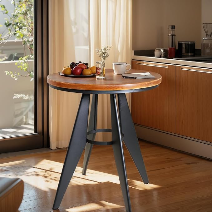Round Cafe Table - 23.62" Pine Wood Top, Metal Frame, 28.15" High, Modern Industrial Dining Table for Kitchen, Home Office, Bistro, Compact for Space Saving, Black Base Brown Top