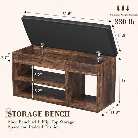Apicizon 31 Inches Storage Bench with Padded Cushion, Shoe Bench with Storage Space, Upholstered Entryway Bench for Living Room, 2-Tier Shoe Rack Organizer, Brown