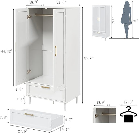 Bedroom Armoire Wardrobe Closet with Hanging Rod,60" 2 Door Almirah for Clothes with Drawers,Morden Storage Cabinet,White