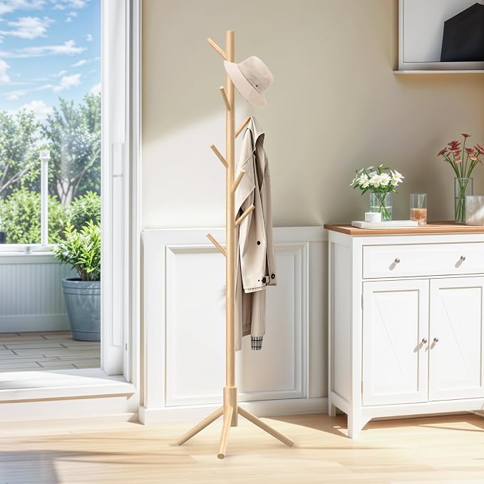 Wooden Coat Rack Freestanding with 8 Hooks,Easy Assembly New Zealand Pine Tree Coat Racks, 3 Adjustable Sizes for Clothes, Hats, Bags, for Entryway, Hallway, Bedroom, Office (Natural, 1 PC)