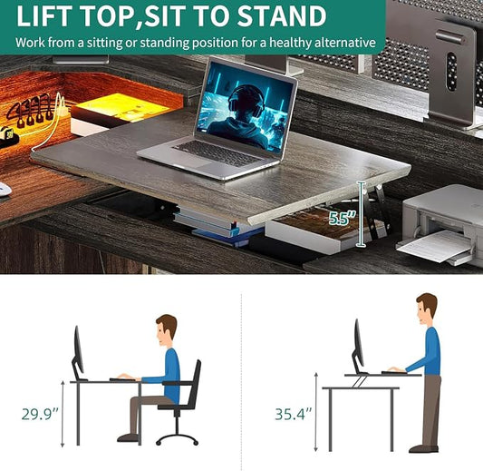 YITAHOME L Shaped Desk with Power Outlets & LED Lights, 60" Corner Computer Desk with Drawers & Lift Top, Home Office Desk with Monitor Stand & File Cabinet, Wood Height Adjustable Desk, Grey