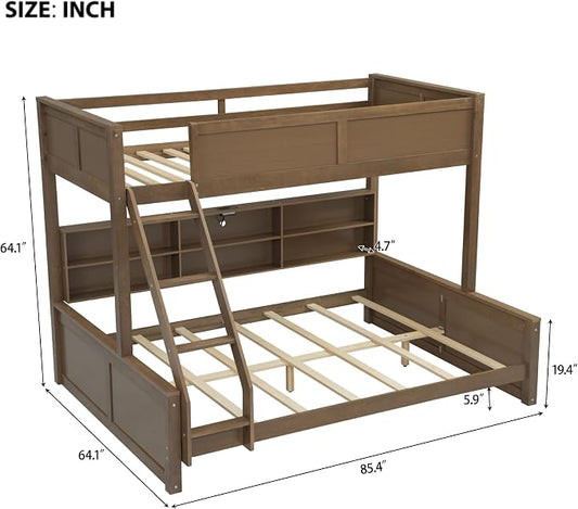 Wood Bunk Bed Twin XL Over Queen Size with Built-in Storage Cabinets and USB Ports, Versatile Bunk Bed Frame with Ladder and Guardrail for Kids Teens Adult, Maximize Space (Wood-T-Q)