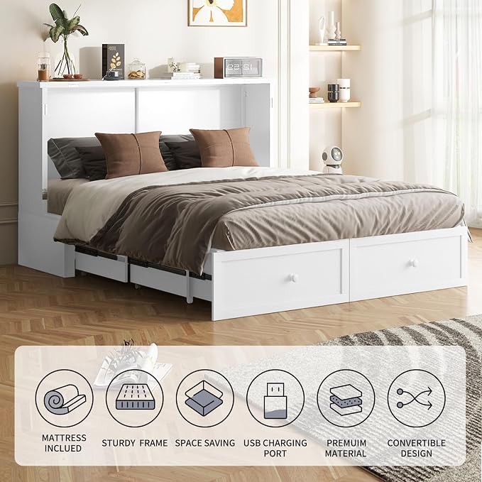 ijuicy Queen Cube Murphy Bed, Charge & Storage, No Mattress,White | Space-saving hideaway foldable design, practical temporary sleeping bed for guest room & small space use