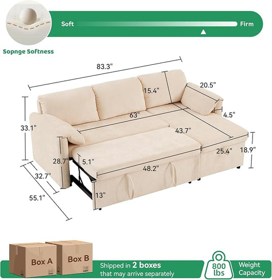 Tbfit Pull Out Sofa Bed with Chair, 3 in 1 Sleeper Sofa Couch with USB & Storage Chaise, Comfy Convertible Sleeper Sofas for Living Room, Small Spaces, White&Beige