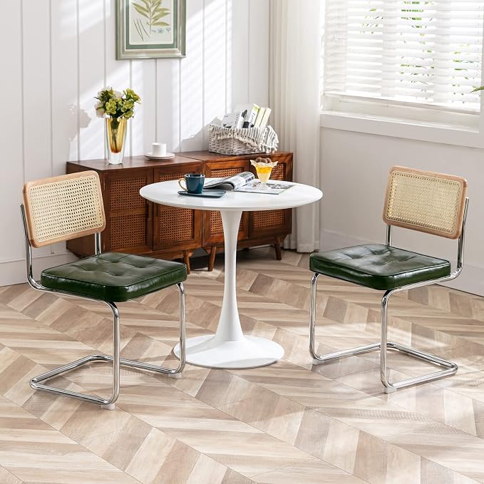 Zesthouse Natural Rattan Dining Chairs Set of 6, Mid Century Modern Dining Room Chairs with Chrome Leg, Faux Leather Kitchen Chair with Solid Wood Back & Cane Mesh, Breuer Cesca Design Inspired, Green