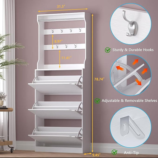 BORNOON Shoe Cabinet with 3 Flip Drawers & Coat Rack, Narrow Hidden Shoe Storage Cabinet, 2-in-1 Hall Tree Slim Freestanding Shoe Rack Organizer for Entryway, Hallway, and Living Room