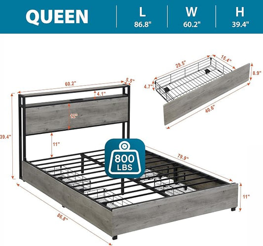 Kiivakii Queen Size Bed Frame with 4 Storage Drawers, LED Platform Bed with Headboard, Built in Charging Station, Noise-Free, Metal Support Base, No Box Spring Needed, Gray