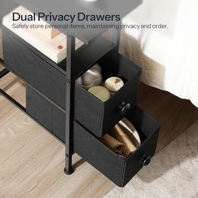 HOOBRO End Table with Charging Station, Narrow Side Table with 2 Fabric Drawers, Skinny Nightstand with Storage, Slim Bedside Table for Bedroom, Living Room, Small Spaces, Black BB487UBZ01