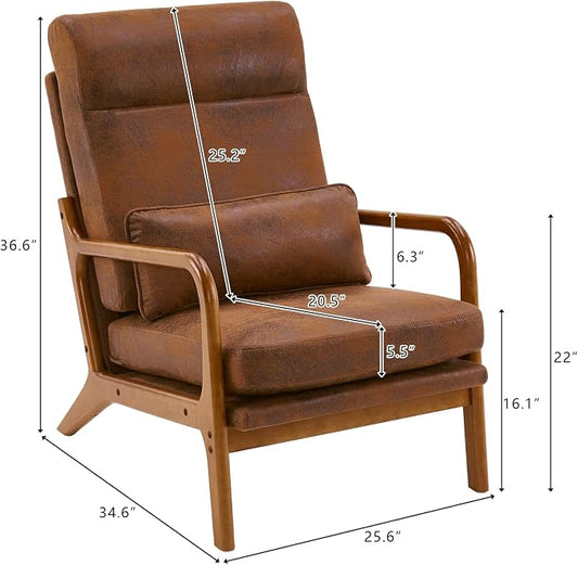Karl home Accent Chair High Back Mid-Century Modern, Brown | Bronzing Cloth Upholstered, Walnut Color Solid Rubber Wood Frame, Soft Cushion with Pillow, For Living Room, Bedroom, Balcony